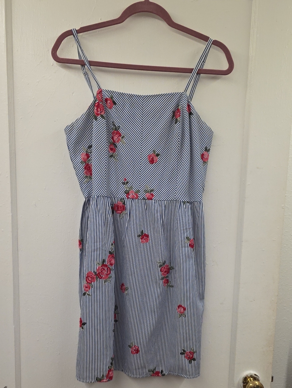 Everly Blue White Striped Floral Embroidered Fit & Flare Sundress Medium